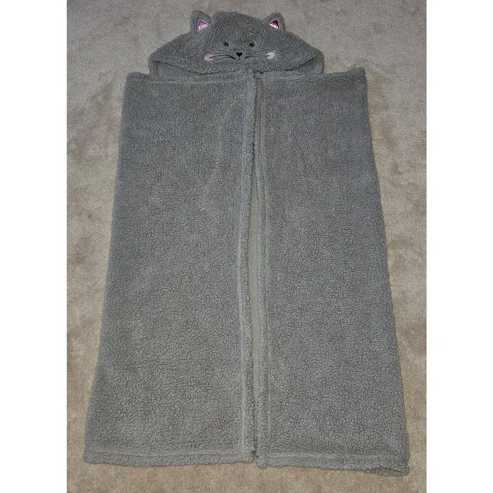 Silver One Gray Kitty Cat Hooded Blanket Soft Sherpa 39x53 Youth Boy Girl